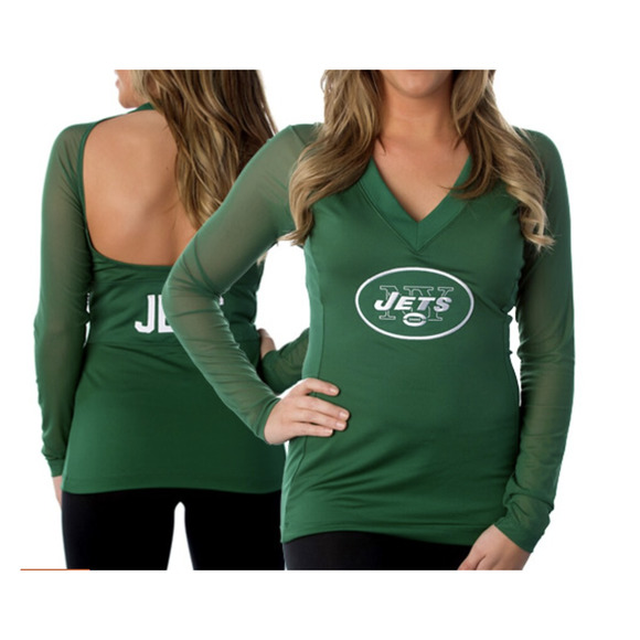 All Sport Couture Tops - NEW YORK JETS Womens L Mesh Sleeve V-Neck Halter Padded Bra Game Day Shirt Top